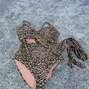 Leopard Print One-Piece Wrap Swimsuit
